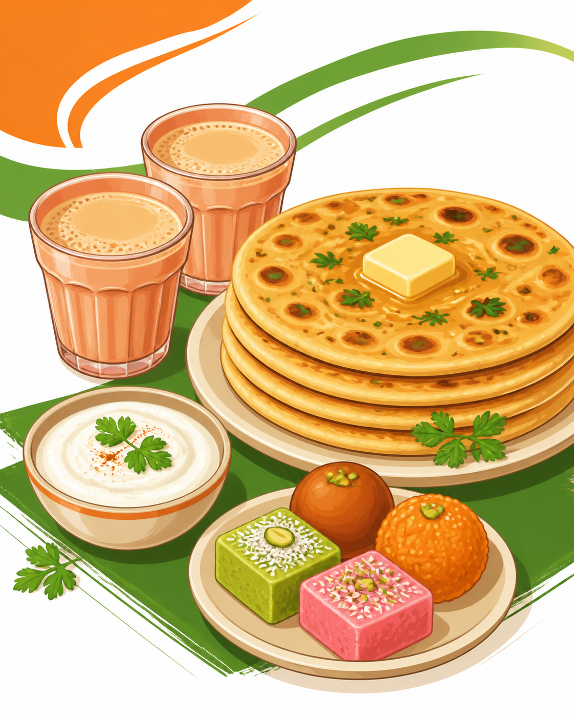 Illustrated parathas, masala chai, yogurt and Indian sweets