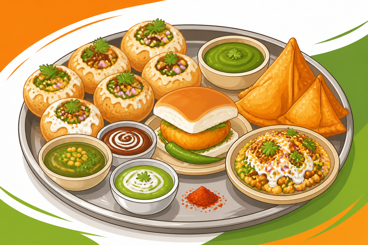 Illustrated platter of pani puri, vada pav, samosas and chaat